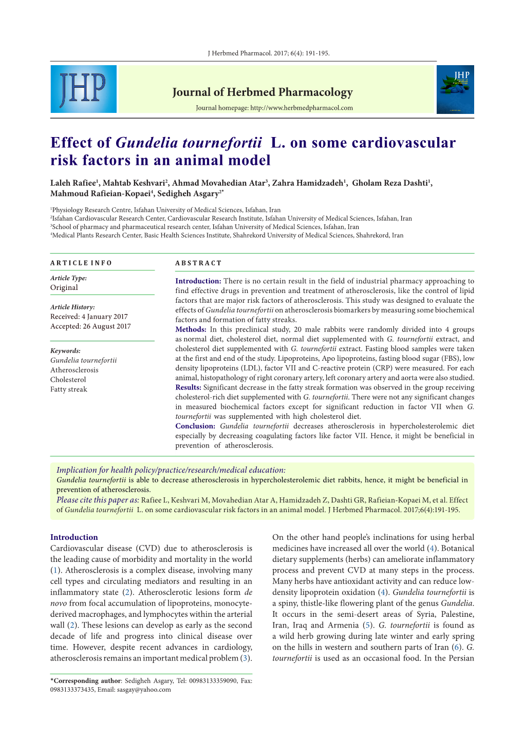 Effect of Gundelia Tournefortii L. on Some Cardiovascular Risk Factors in an Animal Model