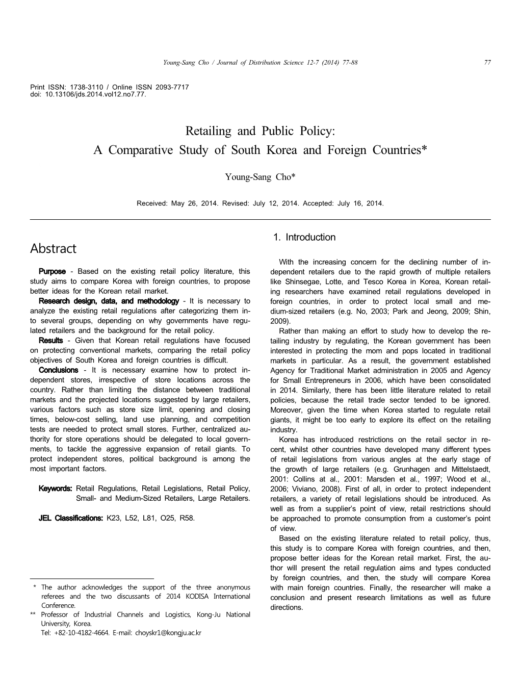 Retailing and Public Policy: a Comparative Study of South Korea and Foreign Countries*