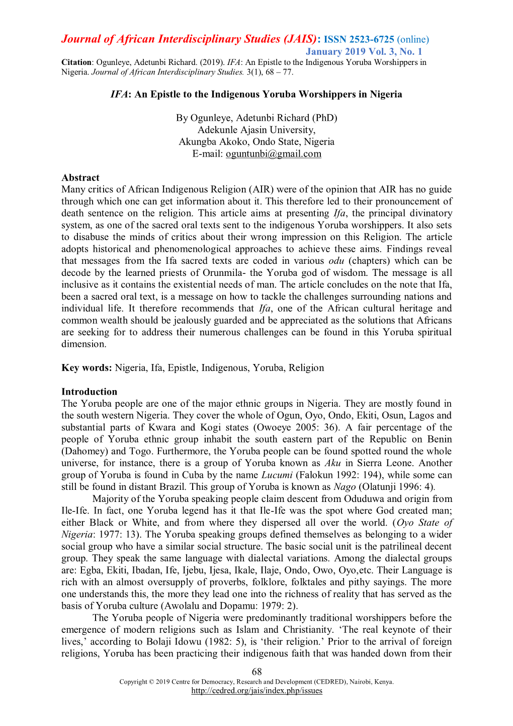 Journal of African Interdisciplinary Studies (JAIS): ISSN 2523-6725 (Online) January 2019 Vol