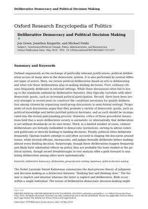 Deliberative Democracy and Political Decision Making