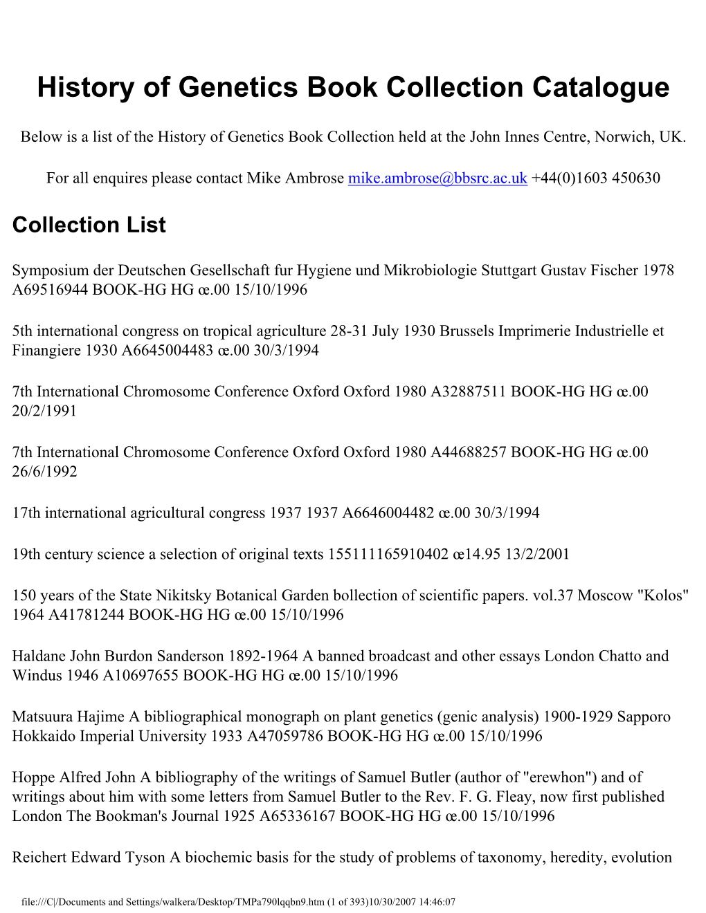 History of Genetics Book Collection Catalogue