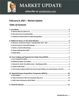 February 8, 2021 – Market Update Table of Contents