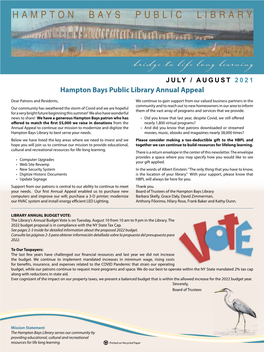 Bridge to Life Long Learning JULY / AUGUST 2 0 2 1 Hampton Bays Public Library Annual Appeal