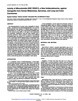 Activity of Mitozolomide (NSC 353451), a New Imidazotetrazine, Against Xenografts from Human Melanomas, Sarcomas, and Lung and Colon Carcinomas