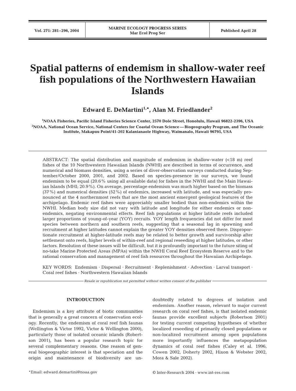 Spatial Patterns of Endemism in Shallow-Water Reef Fish Populations of the Northwestern Hawaiian Islands