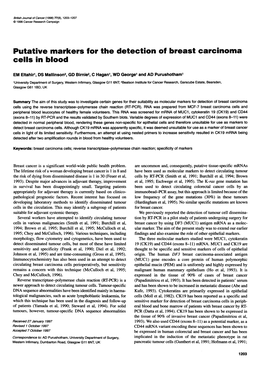 Putative Markers for Thedetection of Breast Carcinoma Cells in Blood