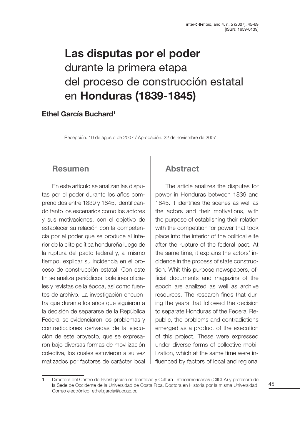 Las Disputas Por El Poder Durante La Primera Etapa Del Proceso De Construcción Estatal En Honduras (1839-1845)