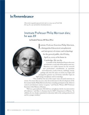 Institute Professor Philip Morrison Dies; He Was 89