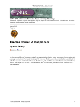 Thomas Harriot: a Lost Pioneer