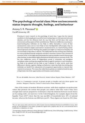 The Psychology of Social Class: How Socioeconomic Status Impacts Thought, Feelings, and Behaviour Antony S
