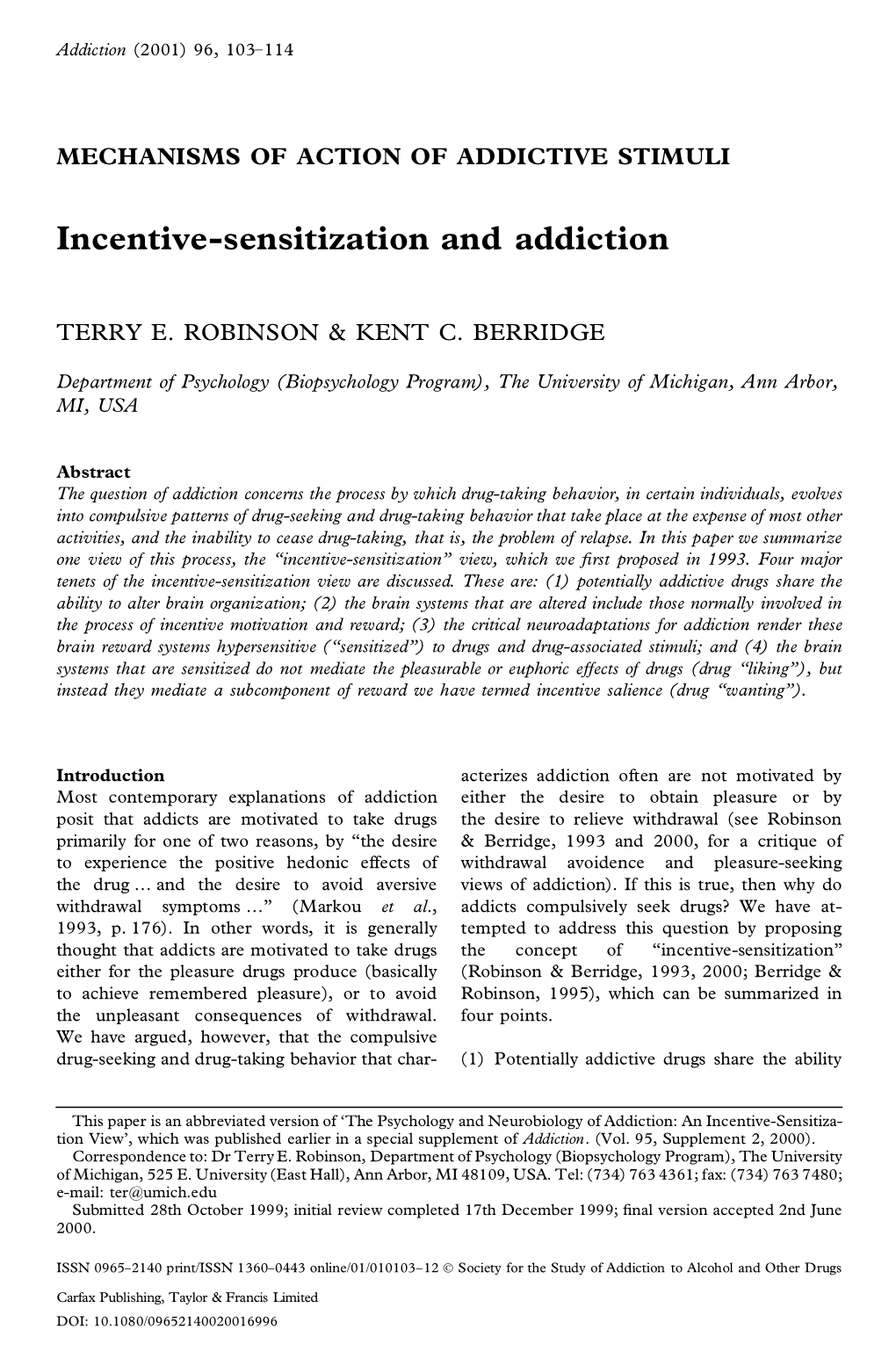 Incentive-Sensitization and Addiction