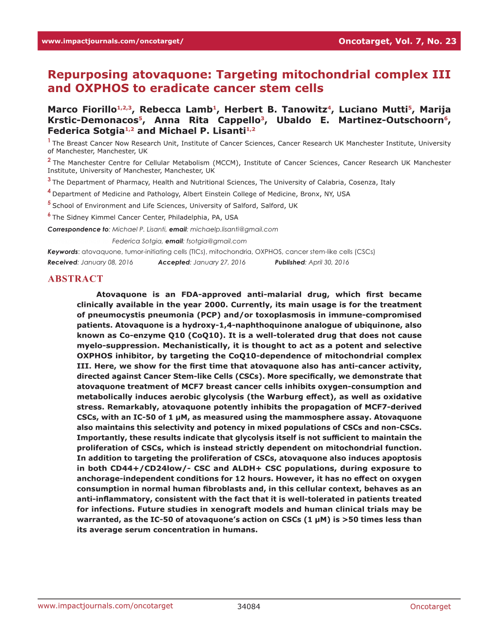 Targeting Mitochondrial Complex III and OXPHOS to Eradicate Cancer Stem Cells