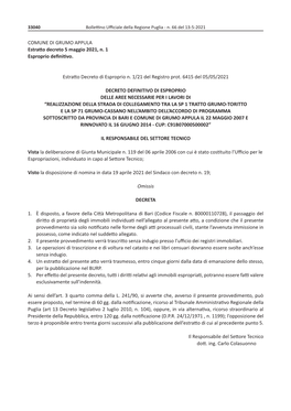 COMUNE DI GRUMO APPULA Estratto Decreto 5 Maggio 2021, N