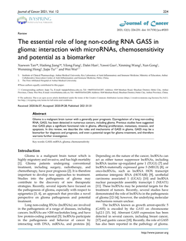 The Essential Role of Long Non-Coding RNA GAS5 in Glioma