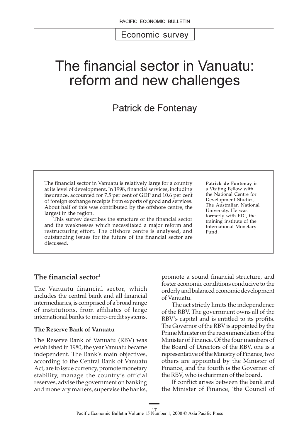 The Financial Sector in Vanuatu: Reform and New Challenges