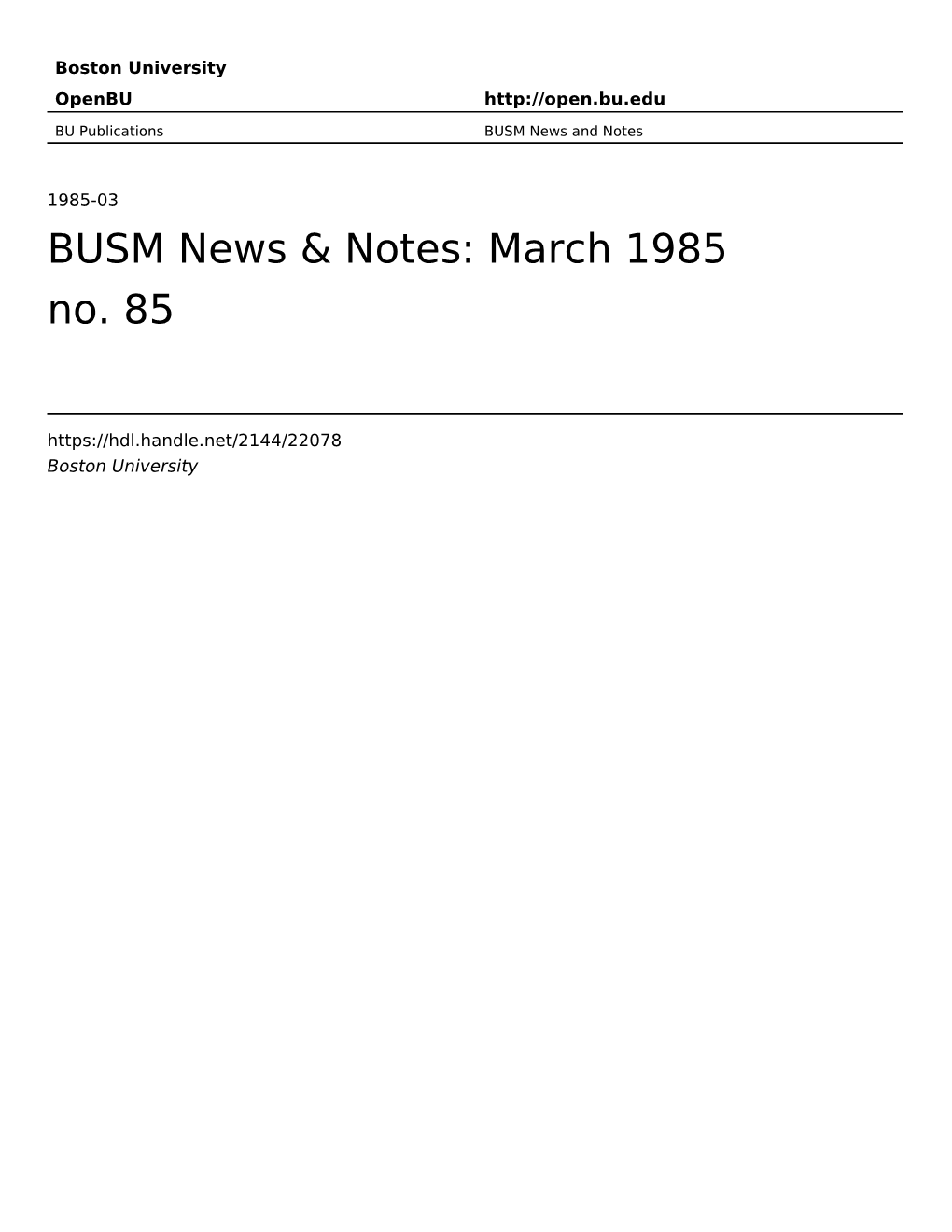 March 1985 No. 85: BUSM News and Notes