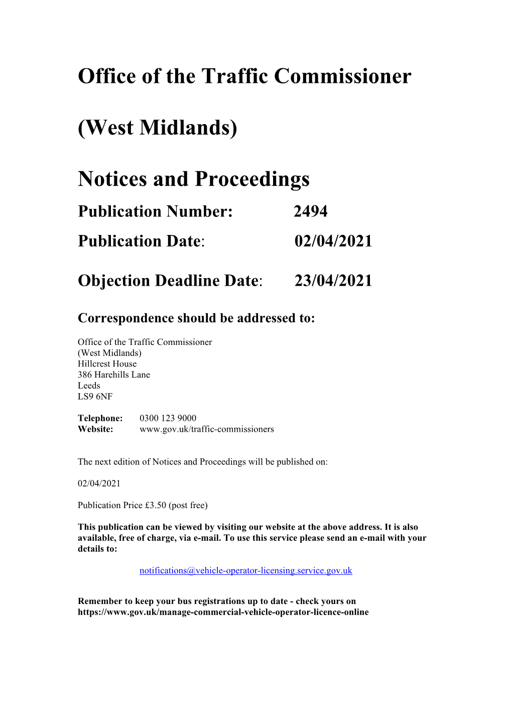 Notices and Proceedings for the West Midlands 2494