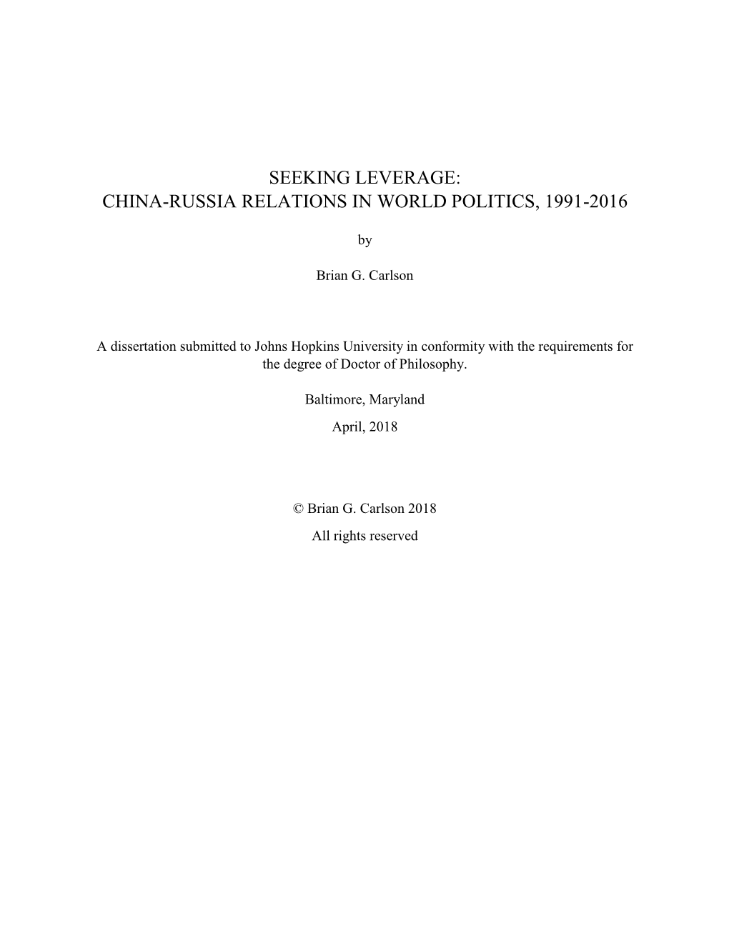 China-Russia Relations in World Politics, 1991-2016