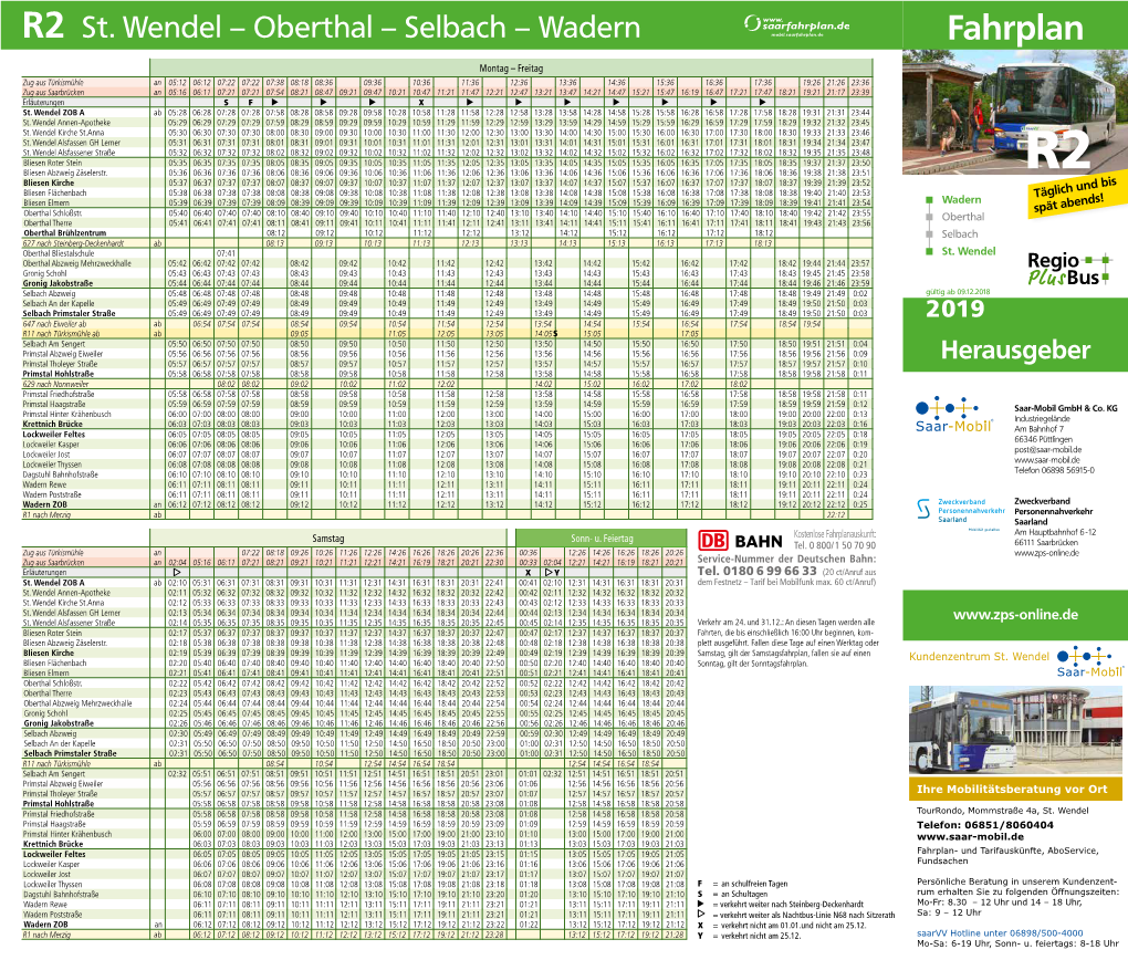 R2 St. Wendel – Oberthal – Selbach – Wadern Fahrplan