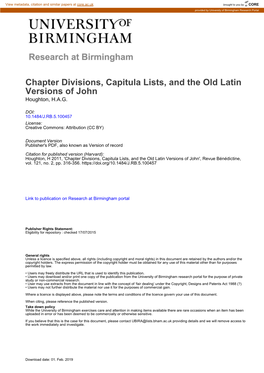 Chapter Divisions, Capitula Lists, and the Old Latin Versions of John Houghton, H.A.G