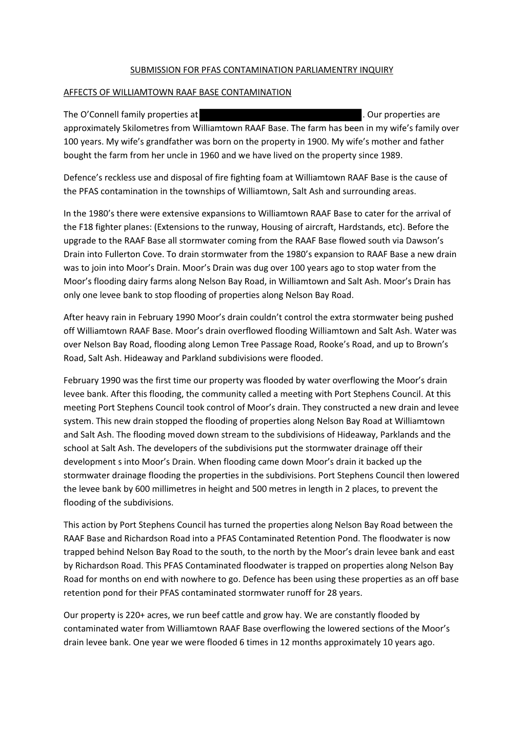 SUBMISSION for PFAS CONTAMINATION PARLIAMENTRY INQUIRY AFFECTS of WILLIAMTOWN RAAF BASE CONTAMINATION the O'connell Family