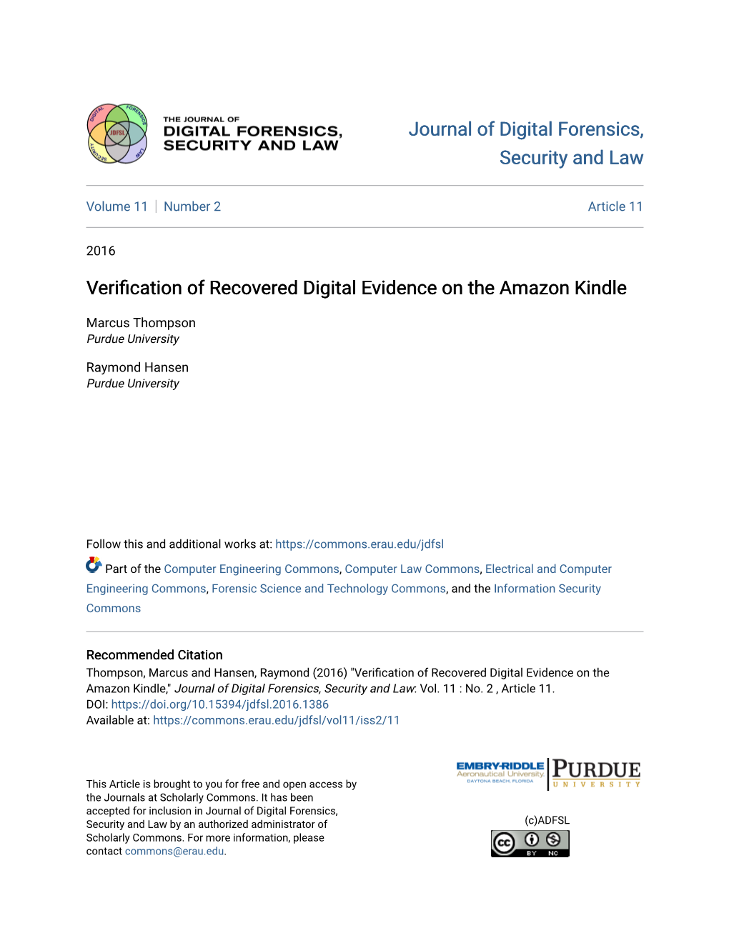 Verification of Recovered Digital Evidence on the Amazon Kindle