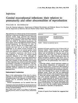 Genital Mycoplasmal Infections: Their Relation to Prematurity and Other Abnormalities of Reproduction