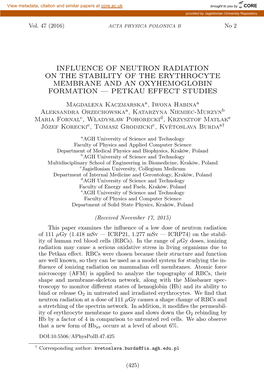 Influence of Neutron Radiation on the Stability of the Erythrocyte Membrane and an Oxyhemoglobin Formation — Petkau Effect Studies