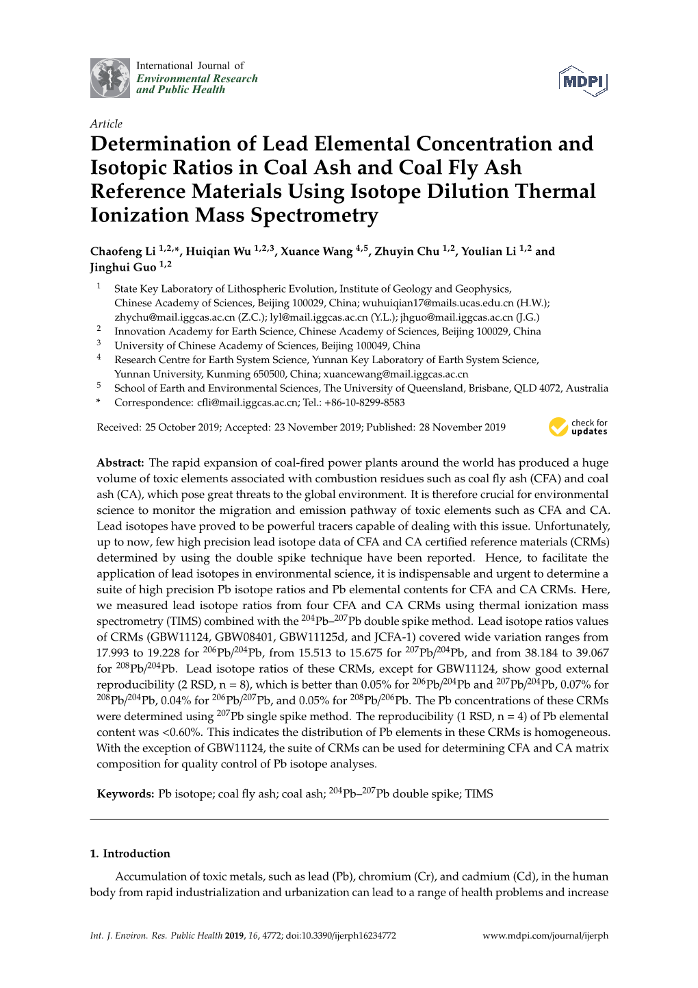 Determination of Lead Elemental Concentration and Isotopic Ratios in Coal Ash and Coal Fly Ash Reference Materials Using Isotope