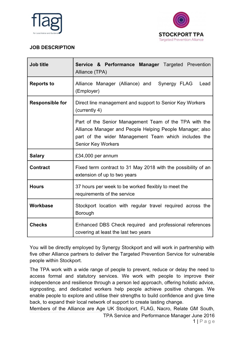 Service & Performance Manager Targeted Prevention Alliance (TPA)