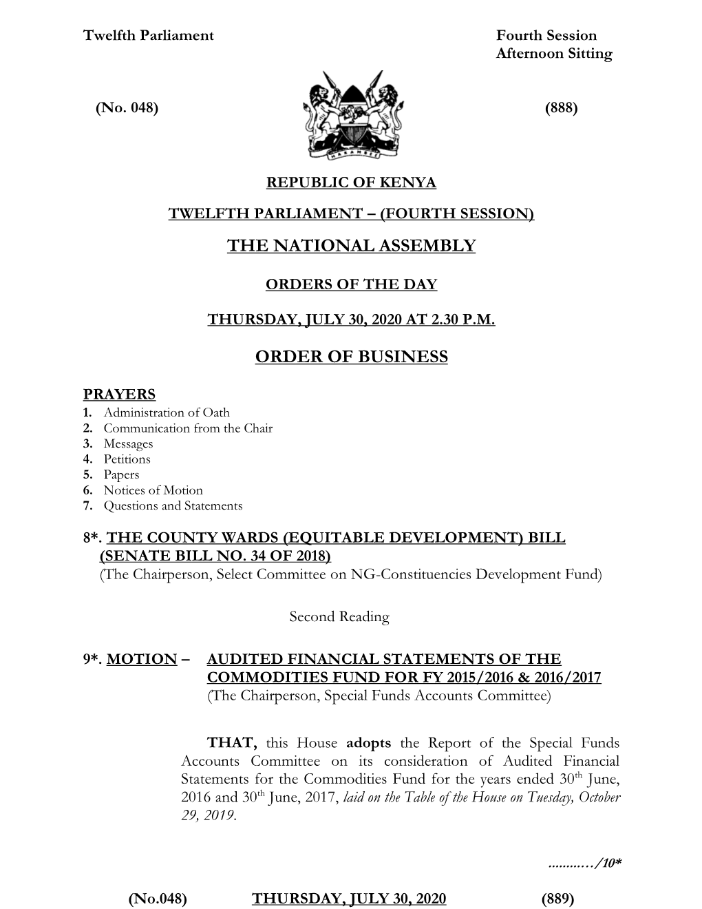 The National Assembly Order of Business