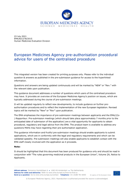 EMA Pre-Authorisation Procedural Advice for Users of the Centralised