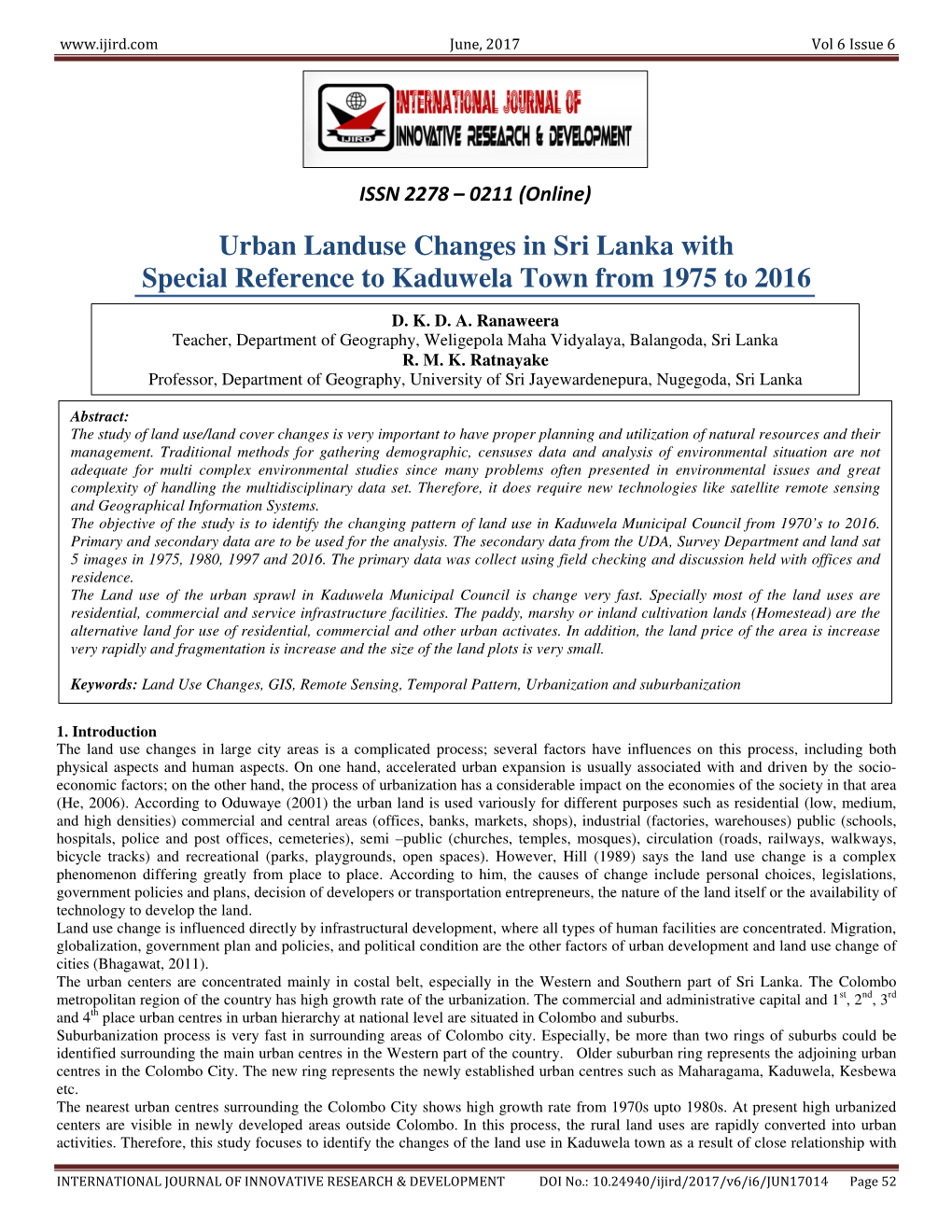 Urban Landuse Changes in Sri Lanka with Special Reference to Kaduwela Town from 1975 to 2016