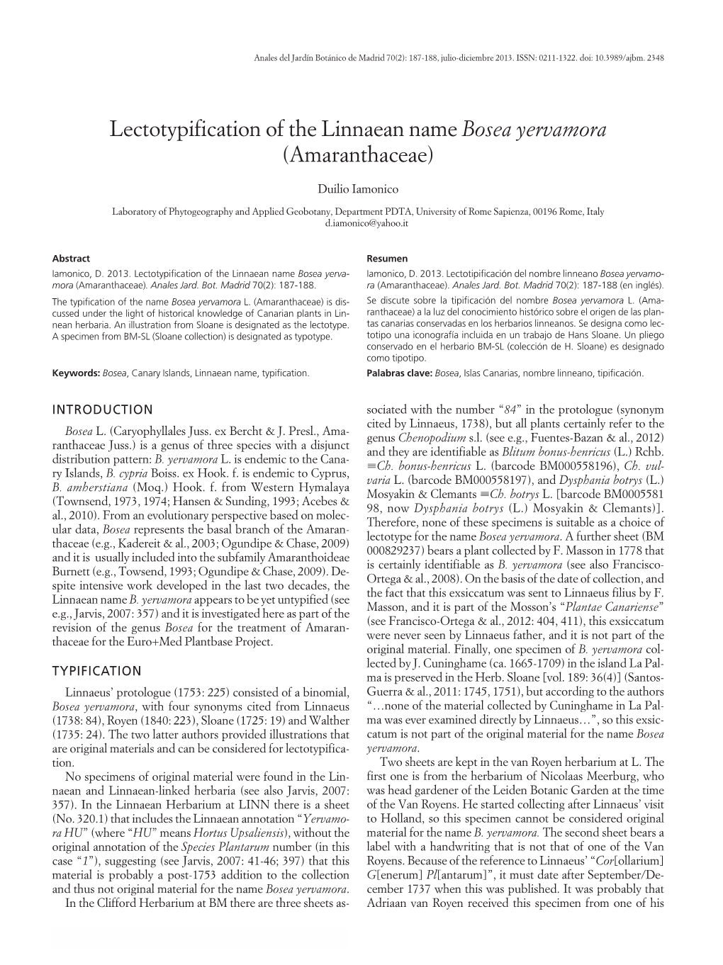 Lectotypification of the Linnaean Name Bosea Yervamora (Amaranthaceae)