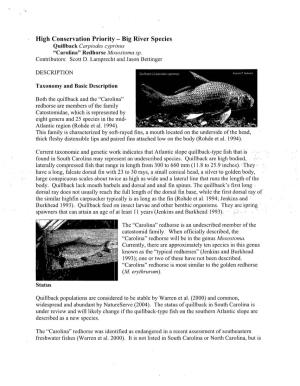 High Conservation Priority - Big River Species Quillback Carpiodes Cyprinus "Carolina" Redhorse Moxostoma Sp