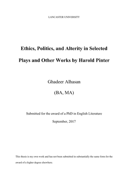 Ethics, Politics, and Alterity in Selected Plays and Other Works by Harold