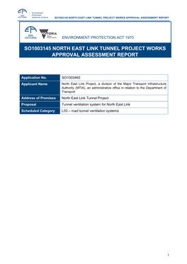 So1003145 North East Link Tunnel Project Works Approval Assessment Report