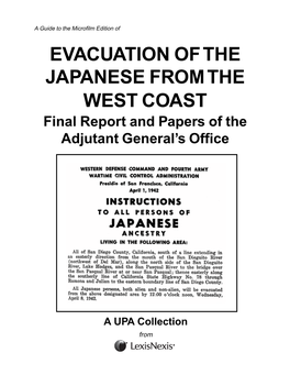 EVACUATION of the JAPANESE from the WEST COAST Final Report and Papers of the Adjutant General’S Office