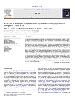 Formation of an Hesperian-Aged Sedimentary Basin Containing Phyllosilicates in Coprates Catena, Mars ⇑ Peter M