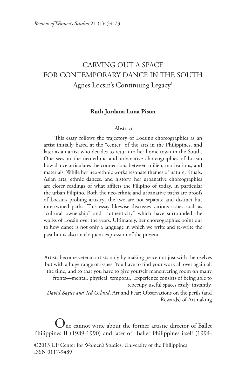 CARVING out a SPACE for CONTEMPORARY DANCE in the SOUTH Agnes Locsin’S Continuing Legacy1