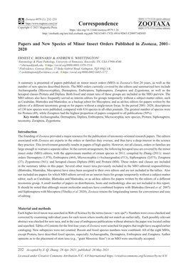 Papers and New Species of Minor Insect Orders Published in Zootaxa, 2001– 2020