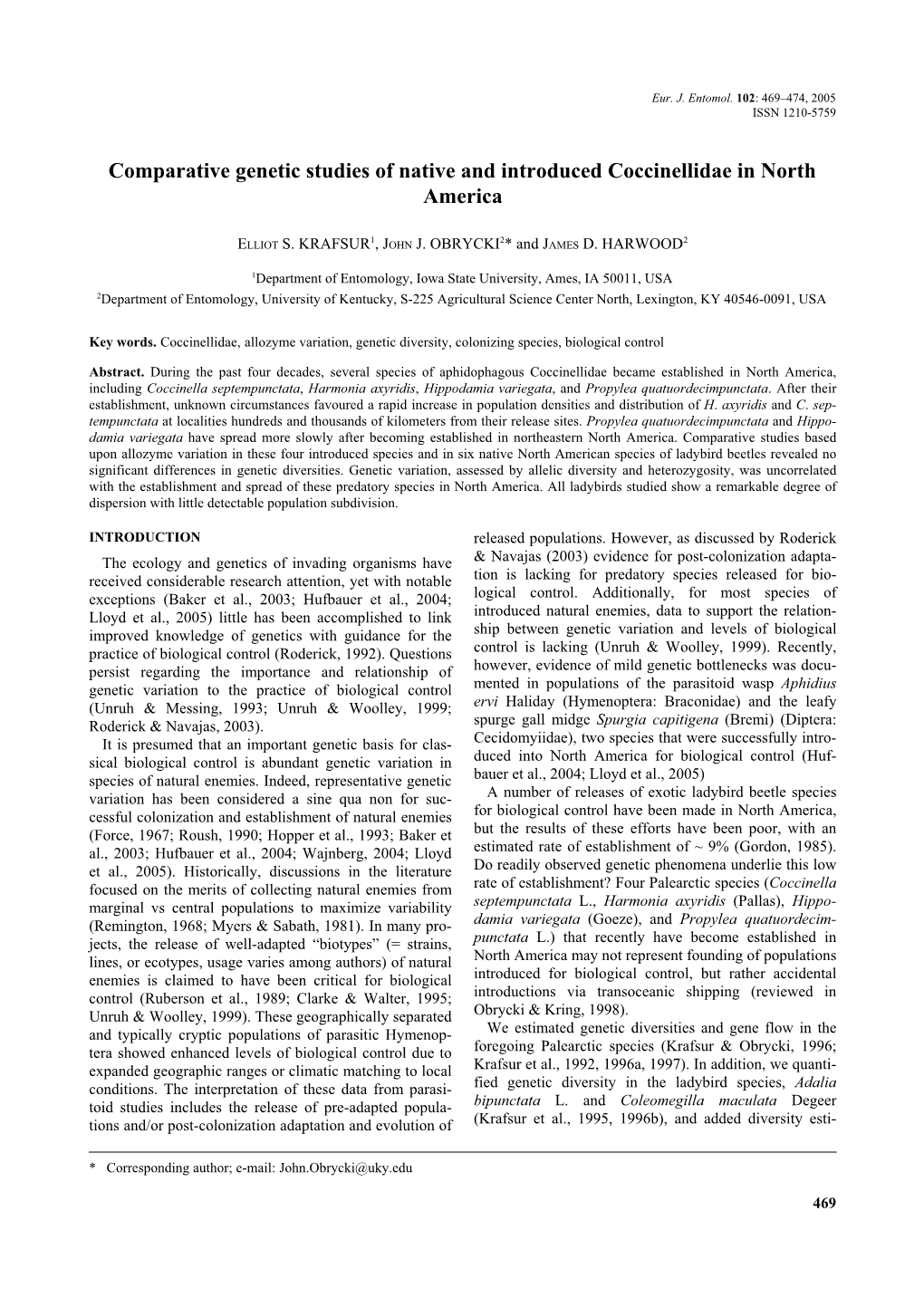 Comparative Genetic Studies of Native and Introduced Coccinellidae in North America