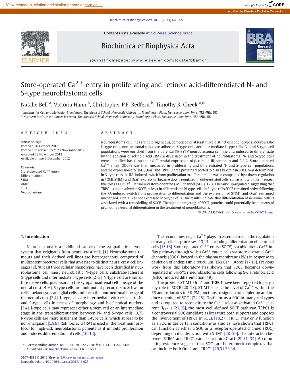 Store-Operated Ca2+ Entry in Proliferating and Retinoic Acid-Differentiated N- and S-Type Neuroblastoma Cells