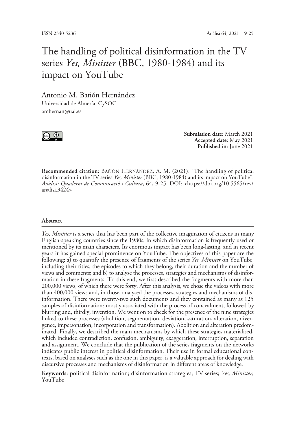 The Handling of Political Disinformation in the TV Series Yes, Minister (BBC, 1980-1984) and Its Antonio M