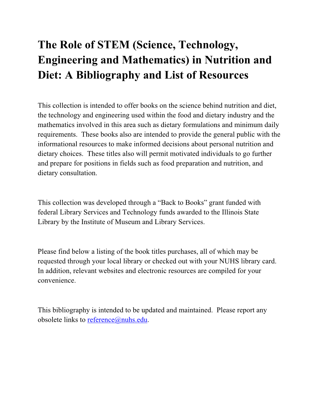 The Role of STEM (Science, Technology, Engineering and Mathematics) in Nutrition and Diet: a Bibliography and List of Resources