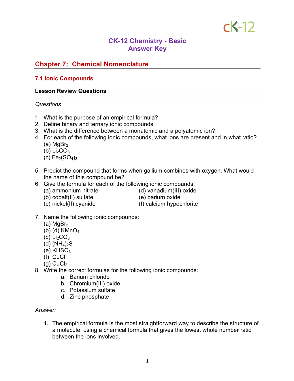 Basic Answer Key Chapter 7: Chemical