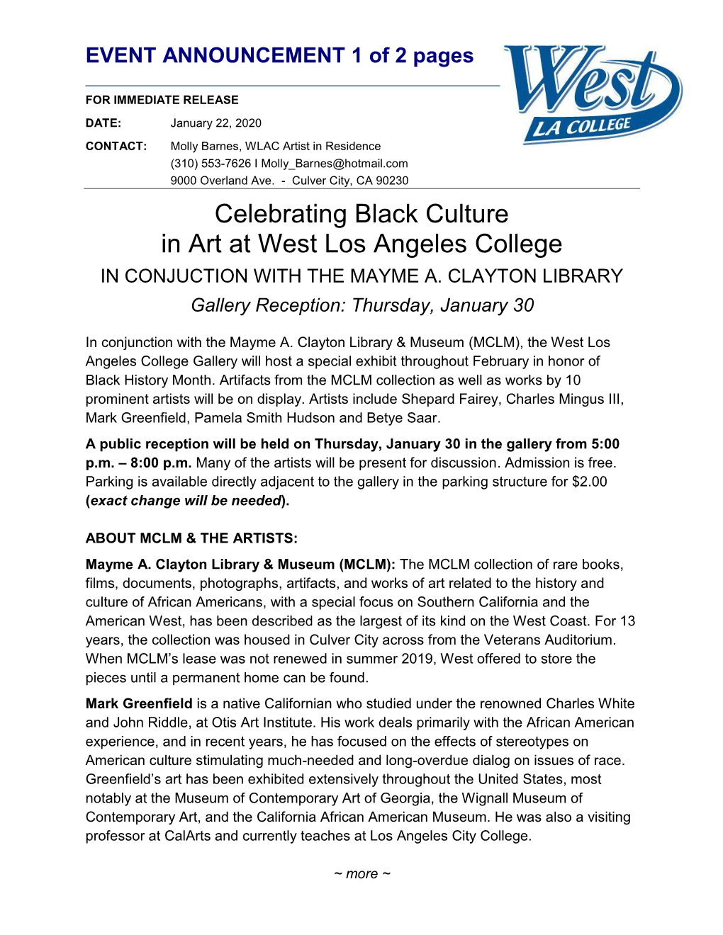 Celebrating Black Culture in Art at West Los Angeles College in CONJUCTION with the MAYME A