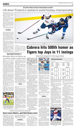 Cabrera Hits 500Th Homer As Tigers Top Jays in 11 Innings