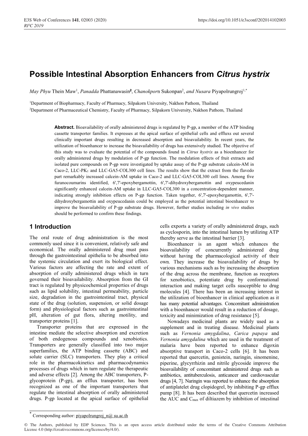 Possible Intestinal Absorption Enhancers from Citrus Hystrix