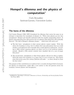 Hempel's Dilemma and the Physics of Computation∗